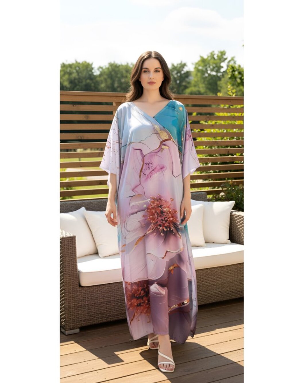 Abstract Floral Satin Silk Kaftan Dress by Gypsie Blu | Plus Size 1X-3X